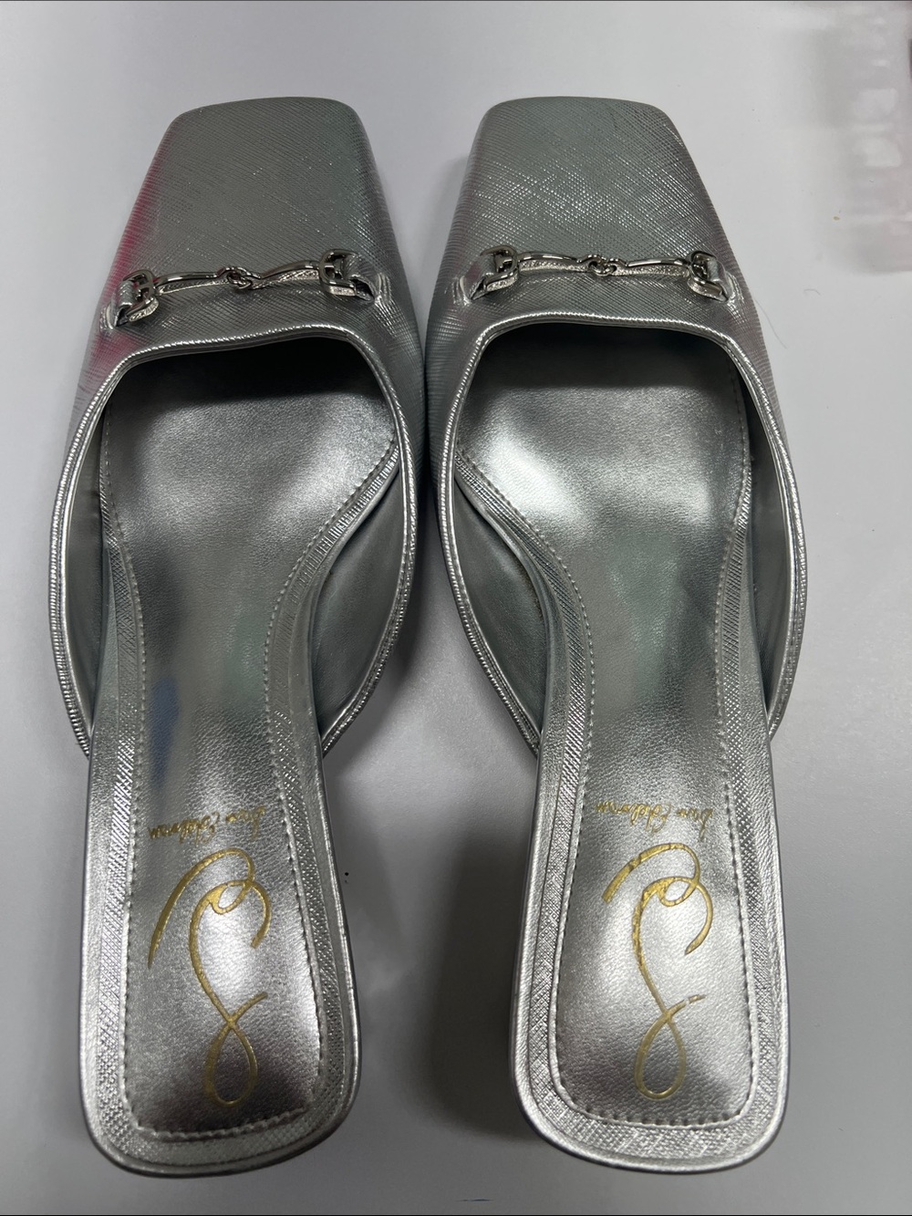 Sam Edelman Metallic Silver Square-Toe Mule with Bit Detail sz 6